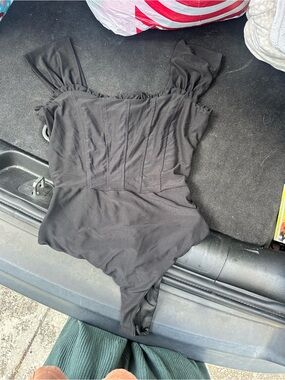 Black Ruched Off-Shoulder Bodysuit for Women